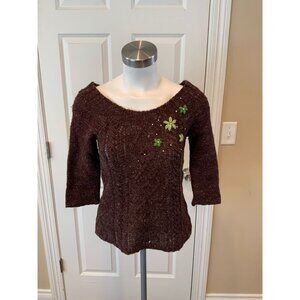 Free People Purple Wool Cable Knit Sweater w/ Jewels & Floral Embroidery, Size S